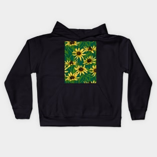 Yellow Rudbekia on dark green Kids Hoodie